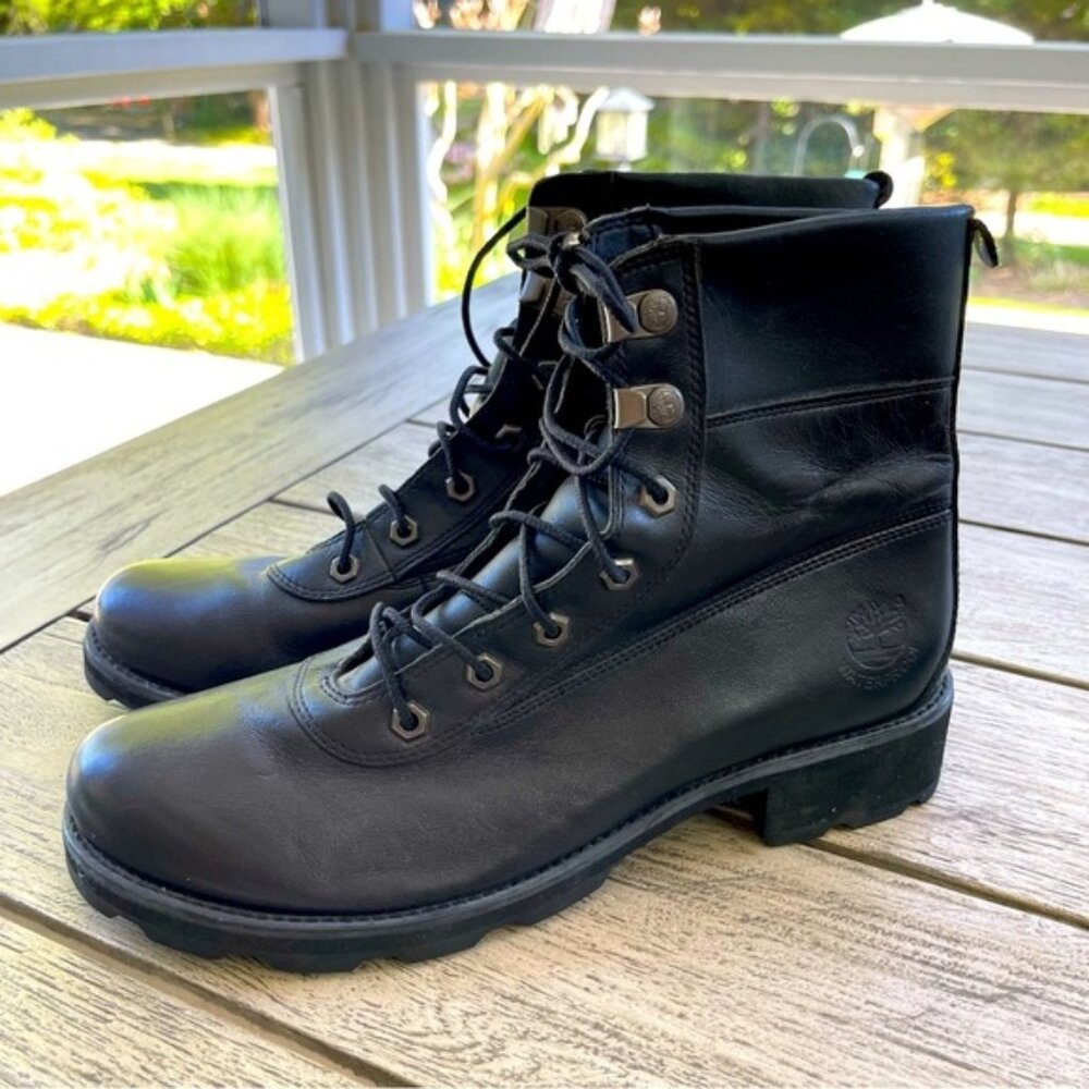 Timberland Black Leather Waterproof Combat Moto Boots Womens Size 9 - Picture 1 of 9